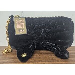 Juicy Couture Black Velour Quilted Velvet Wristlet Clutch Bow Vtg Y2K Gold NWT